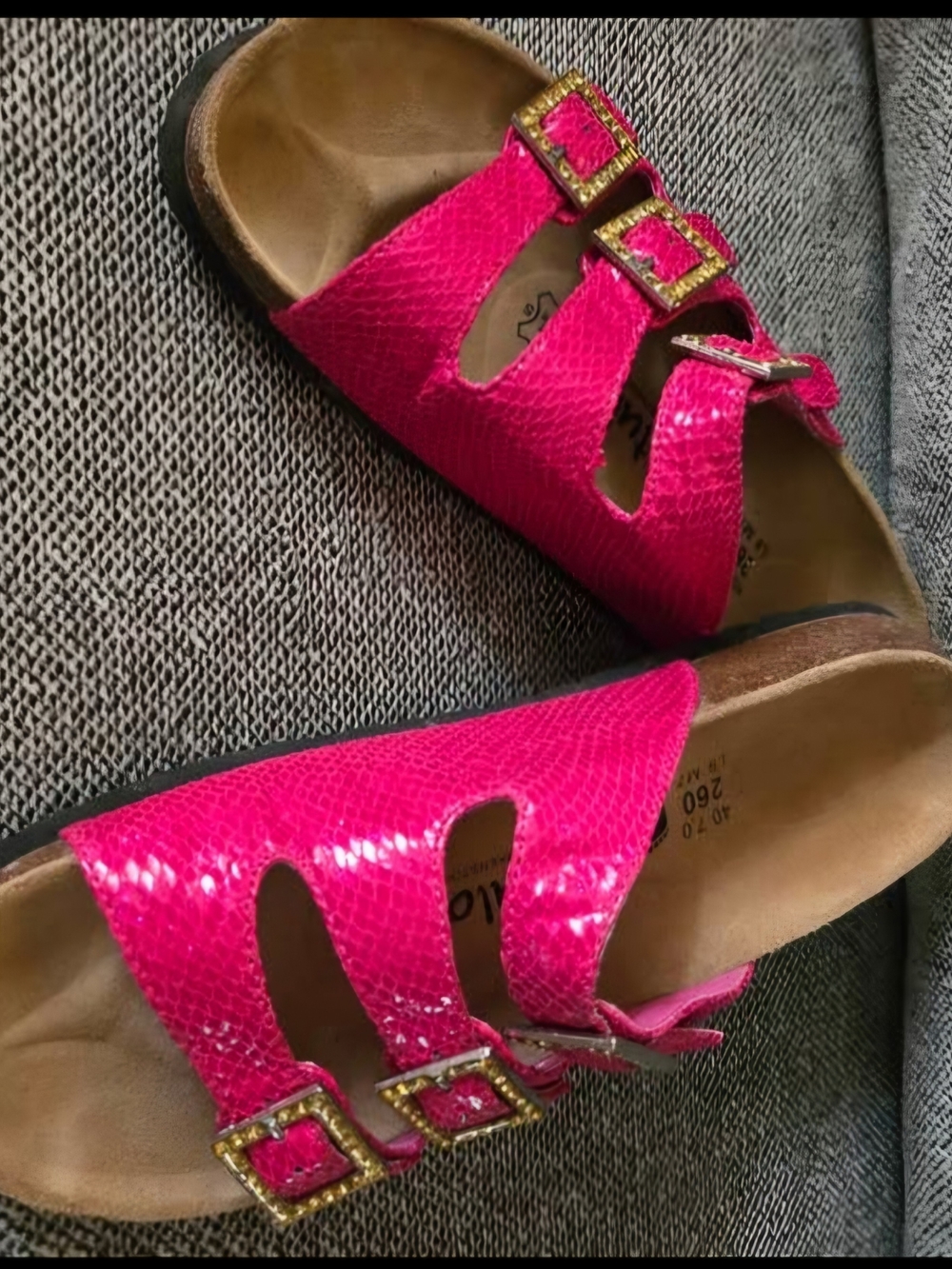 Women’s Hot Pink Double-Buckle Slide Sandals with Gold Accents